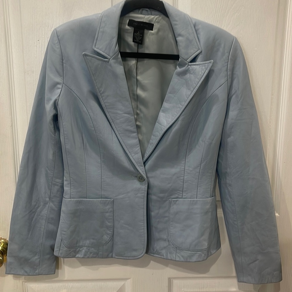 Baby Blue Leather Womens Blazer. Never Worn goes good with jeans or a shirt